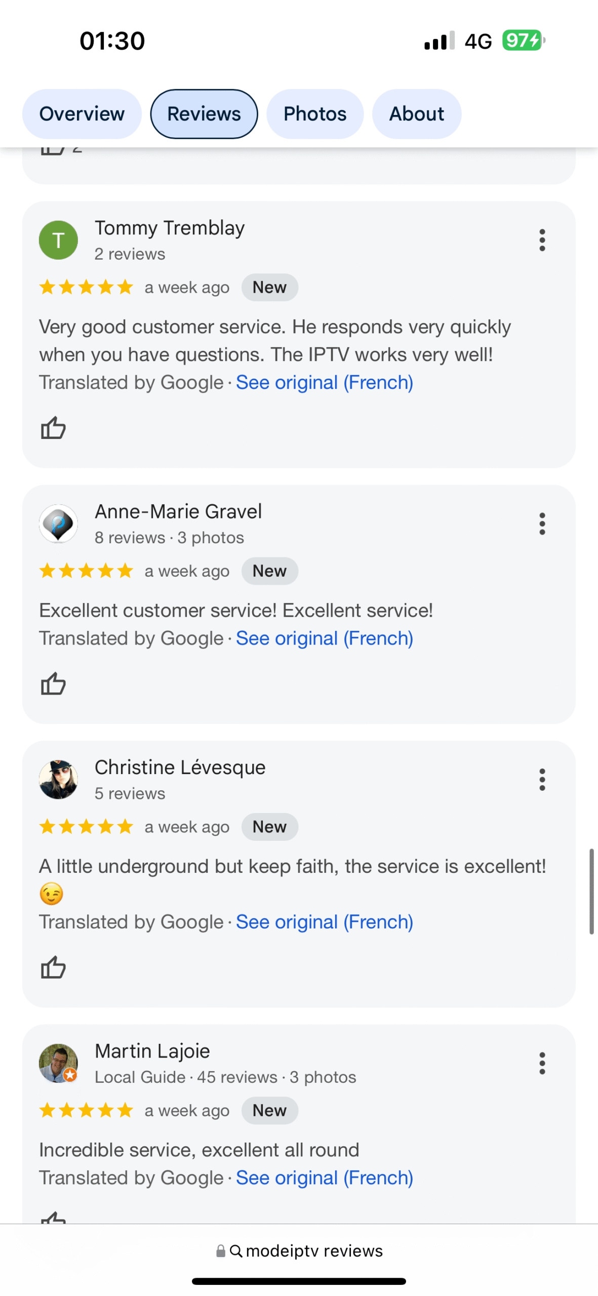 Avis clients Abonnement IPTV partagés sur WhatsApp avec retours positifs sur la qualité du service