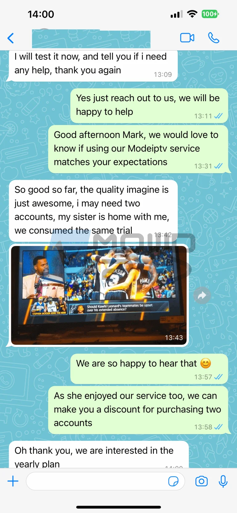 Avis clients Abonnement IPTV partagés sur WhatsApp avec retours positifs sur la qualité du service