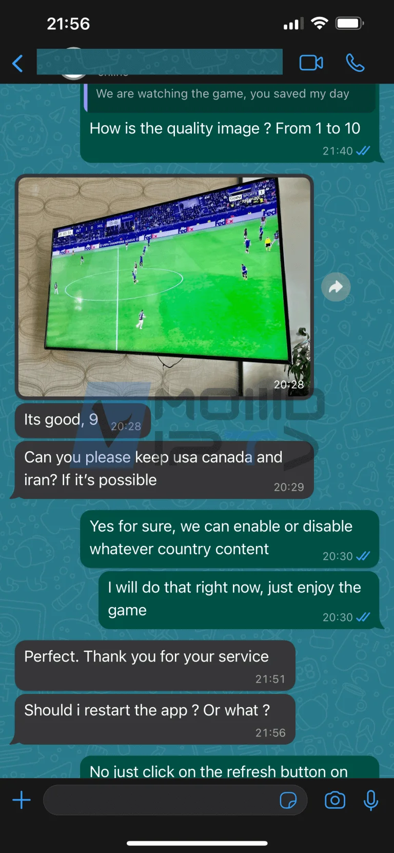 Avis clients Abonnement IPTV partagés sur WhatsApp avec retours positifs sur la qualité du service